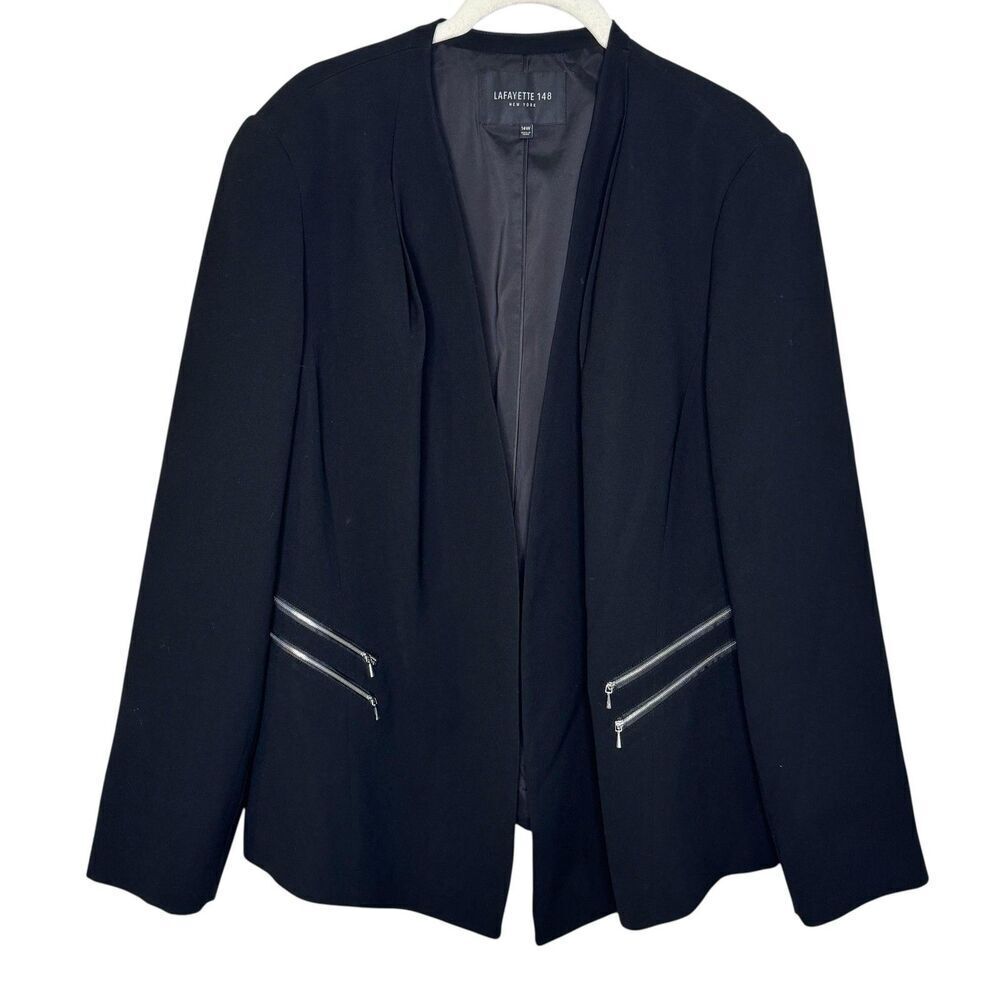 Lafayette 148 New York Blazer Womens 14W Black Open Front Zip Pocket Jacket